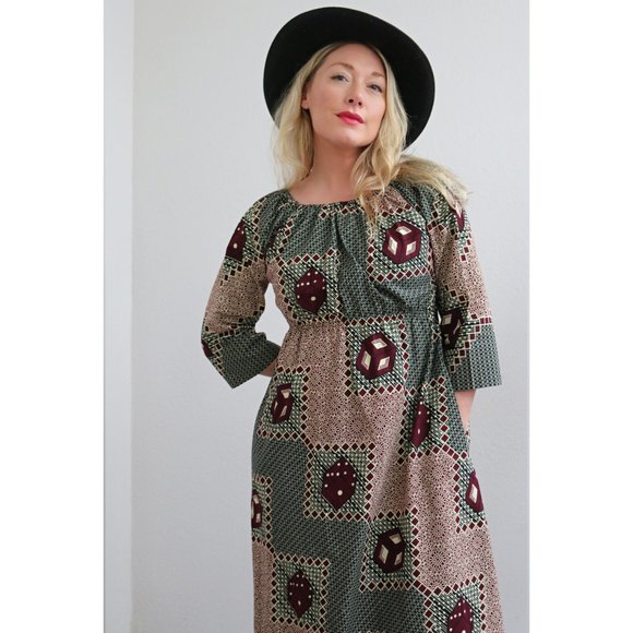 1980's Ankara Super Java African Print Midi Dice Dress // Women's XS to SM - Picture 7 of 9